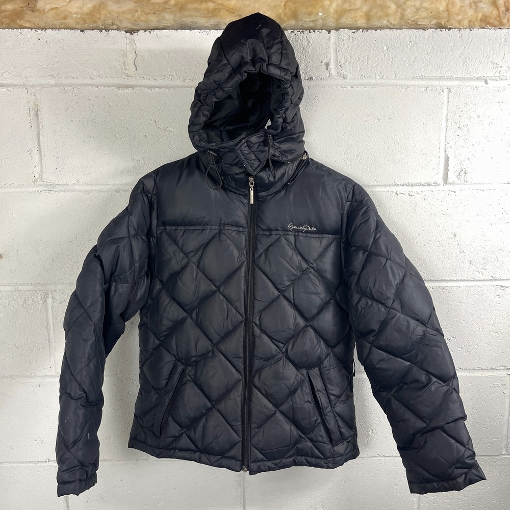 Vtg Southpole Puffer Jacket Mens M Black Diamond Quilt Hooded Long Sleeve Zip Up
